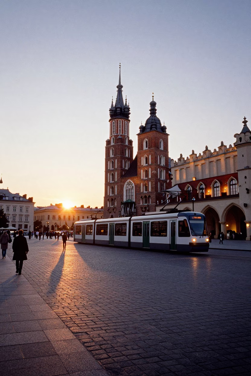 Krakow Main Market Square Evening Street Scene with Monorail and Vintage Details in in Krakow, Poland