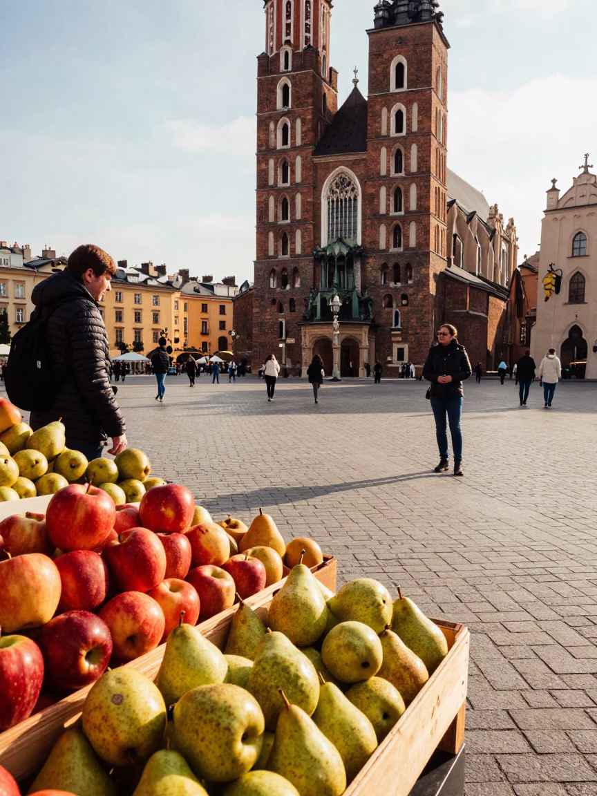 Krakow Market Square Late Afternoon Stroll with Fruit and Magazine Rack in in Krakow, Poland