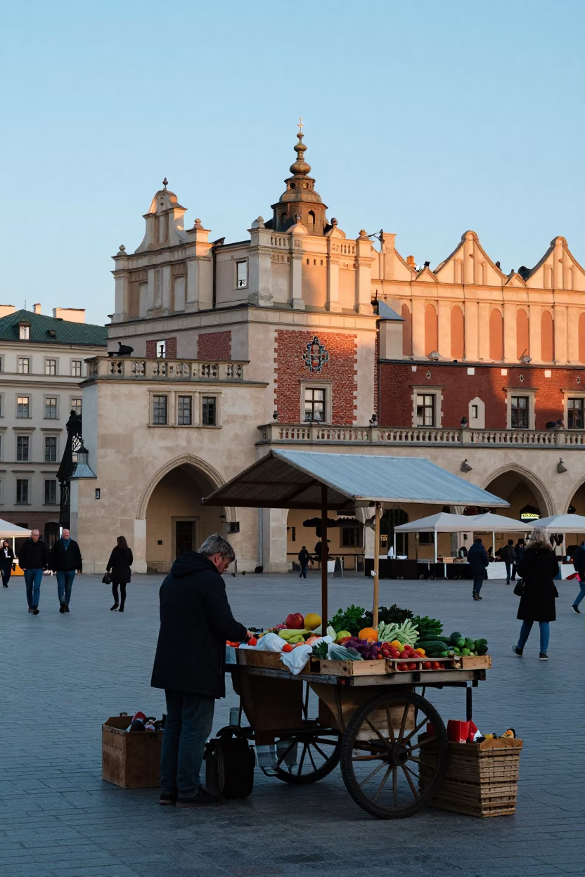Krakow Market Square Morning Vendor Stalls and Daily Life in in Krakow, Poland