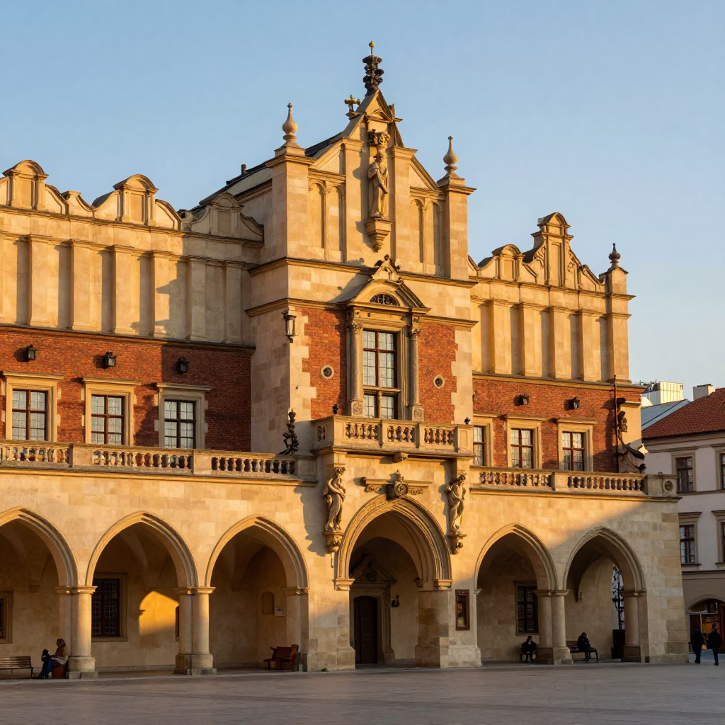 Krakow Market Square Stone Facade Golden Hour Street Scene in in Krakow, Poland