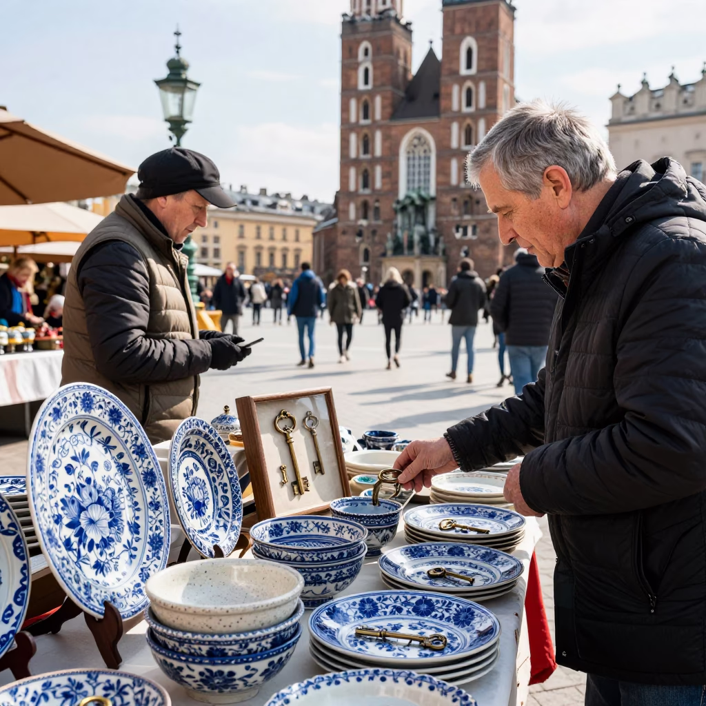 Krakow Market Stall at Bright Midmorning Light in in Krakow, Poland
