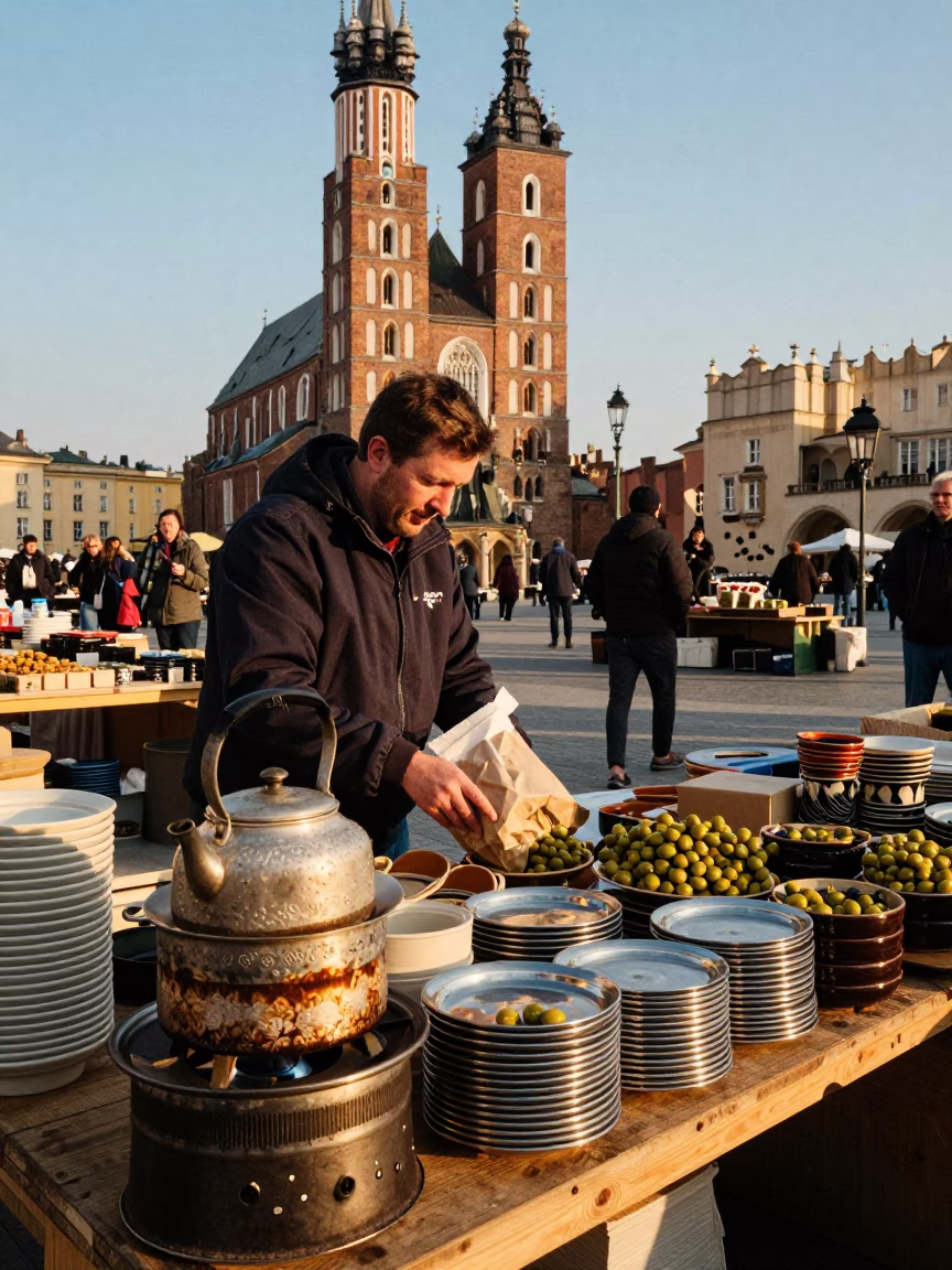 Krakow Market Stall Vendor Packing Goods in Late Afternoon Sunlight in in Krakow, Poland