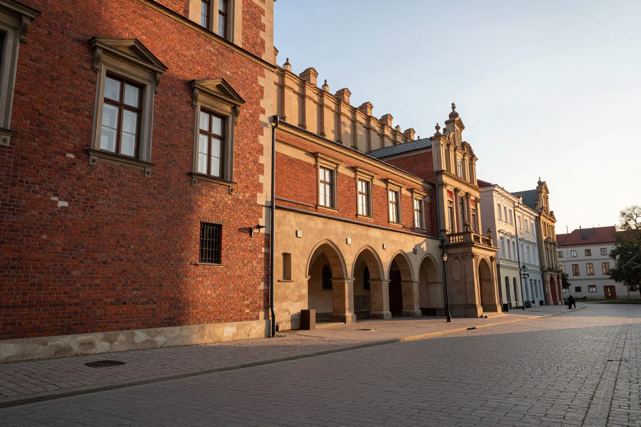 Krakow Morning Hours at As First Light Reaches The Scene in in Krakow, Poland