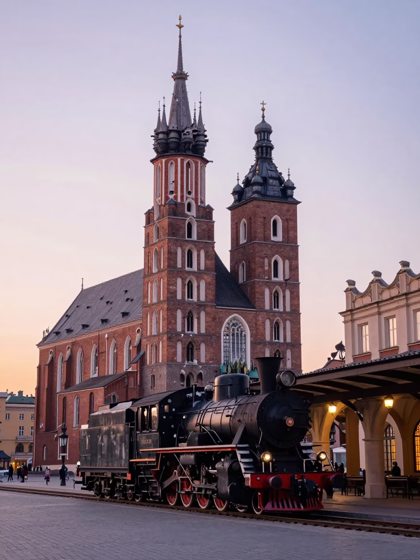 Krakow Nautical Dawn Street Scene with Heritage Steam Locomotive and Soap Residue in in Krakow, Poland