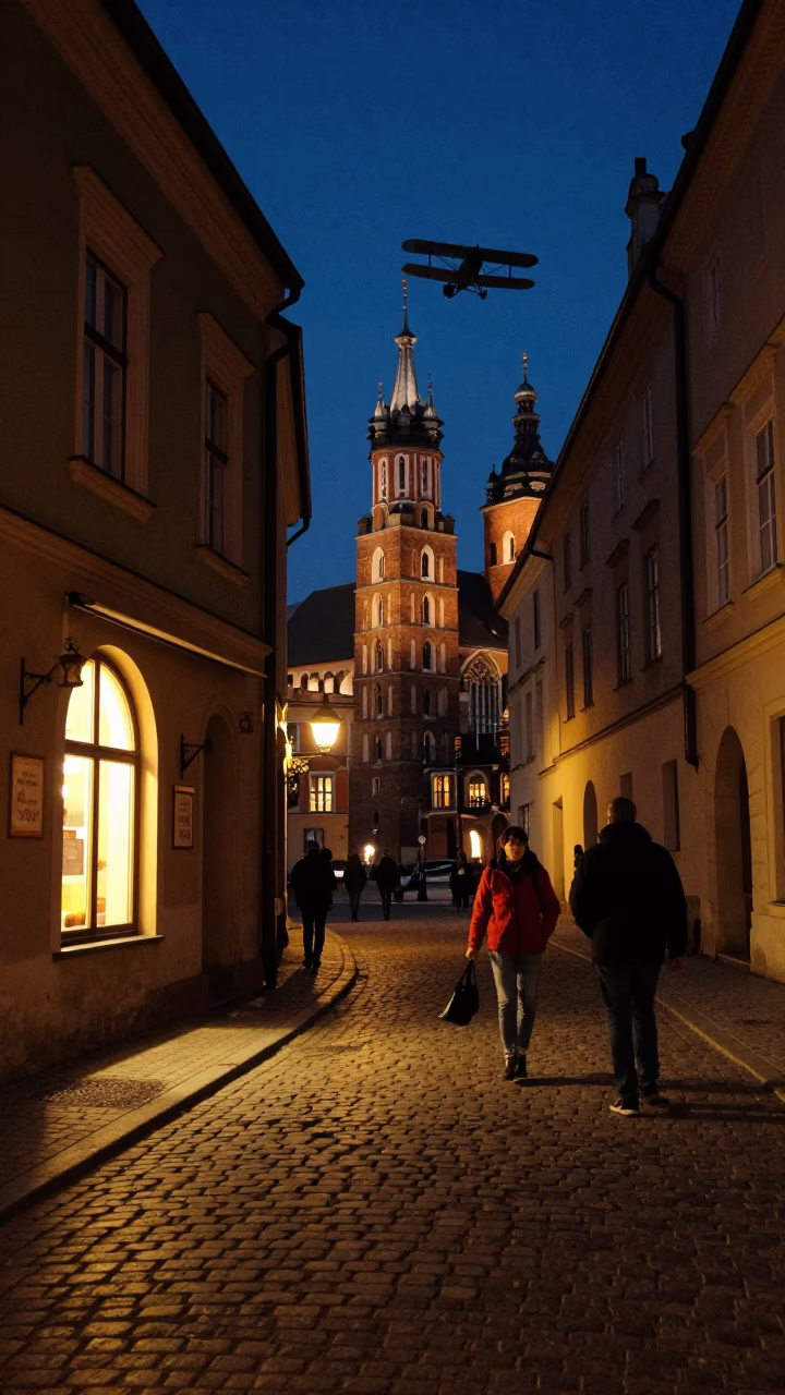 Krakow Night Street Scene with Biplane Silhouette and Cobblestone Alley Under Deep Night Sky in in Krakow, Poland