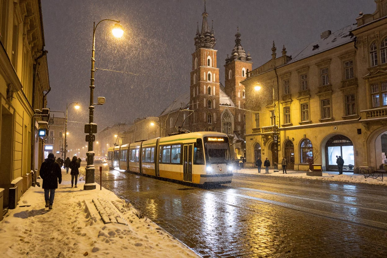 Krakow Night Street Scene With Tram And Snowy Telecommunication Mast Beacon in in Krakow, Poland