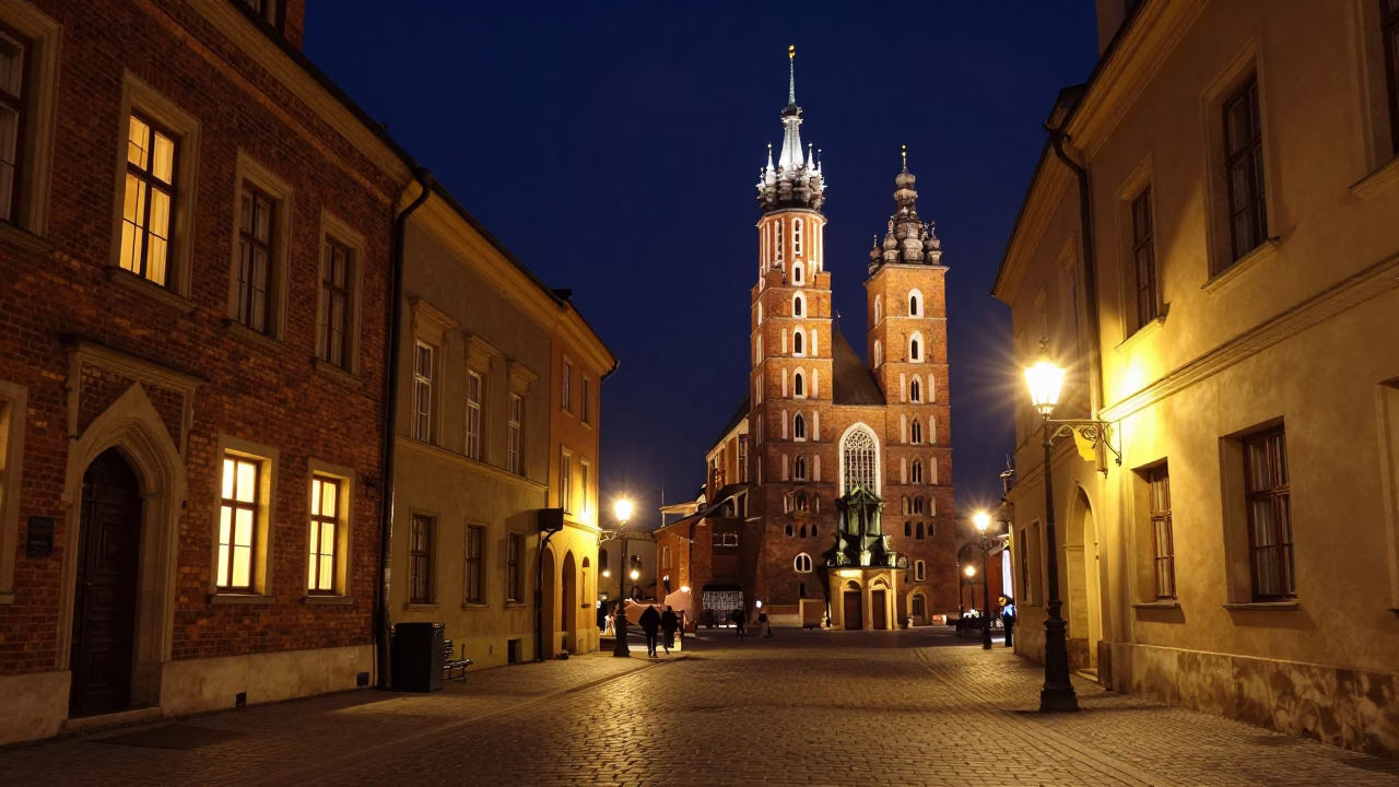 Krakow Old Town at The Deepest Night Sky Light in in Krakow, Poland