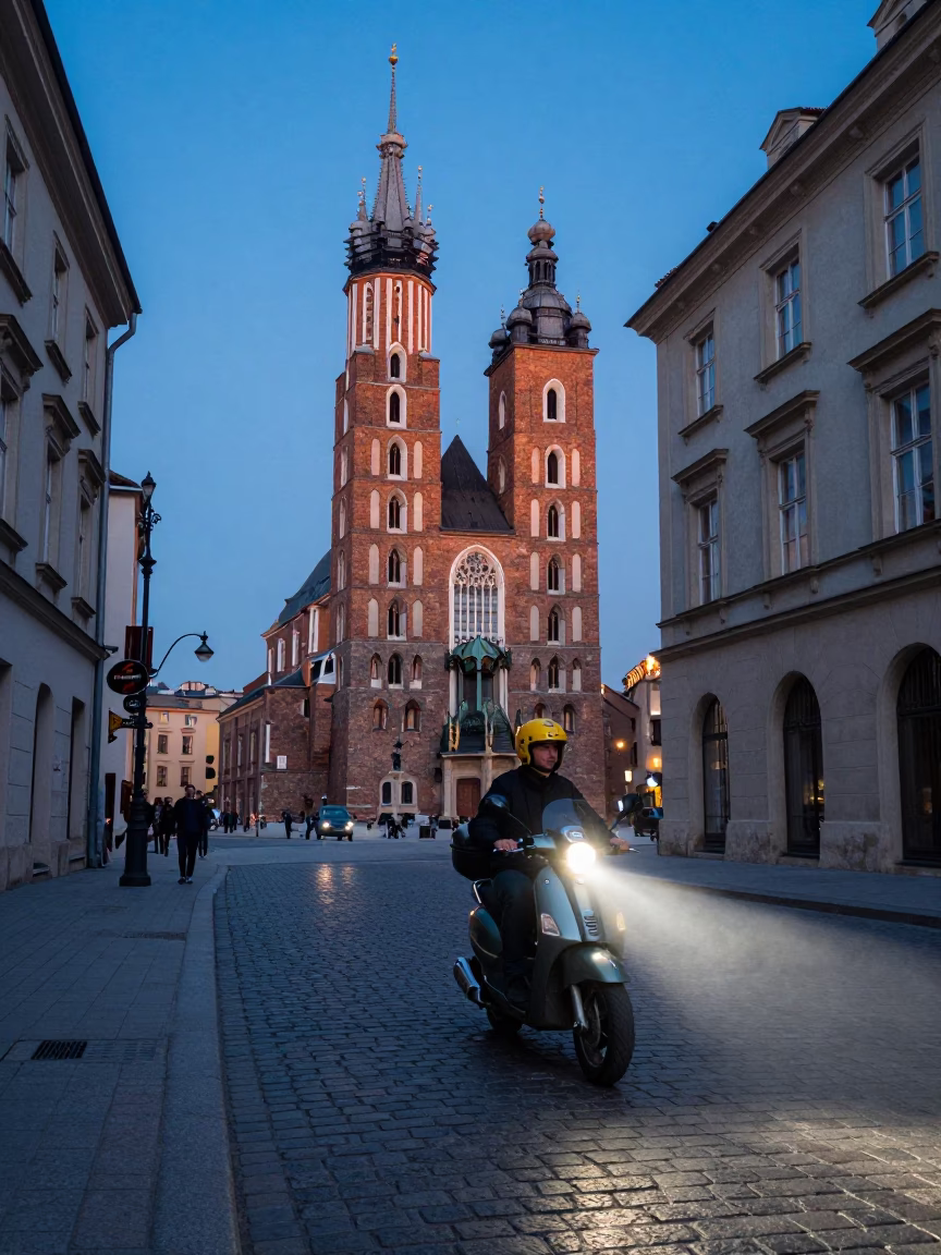 Krakow Old Town Blue Hour Street Scene with Scooter and Cobblestone Reflections in in Krakow, Poland