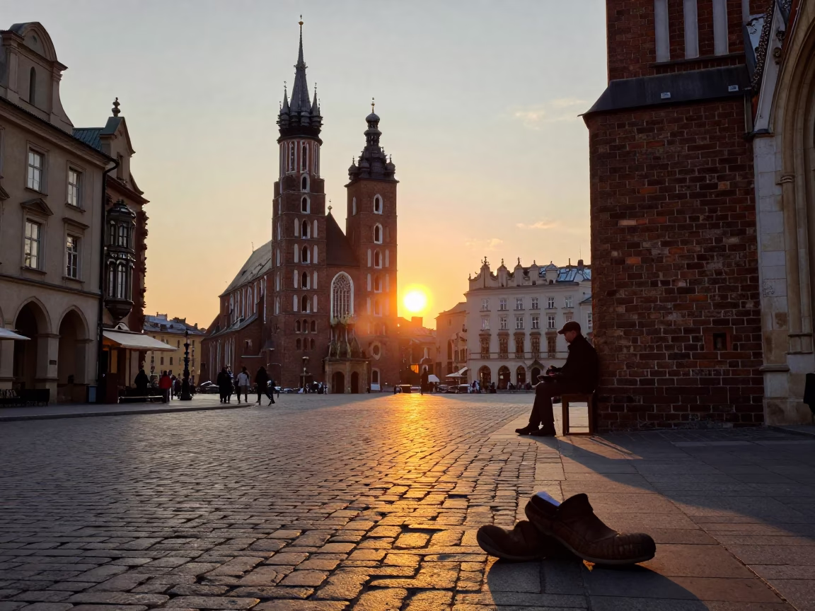 Krakow Old Town Cobblestone Street at Sunset with Shoe Shine Vendor and Pedestrians in in Krakow, Poland