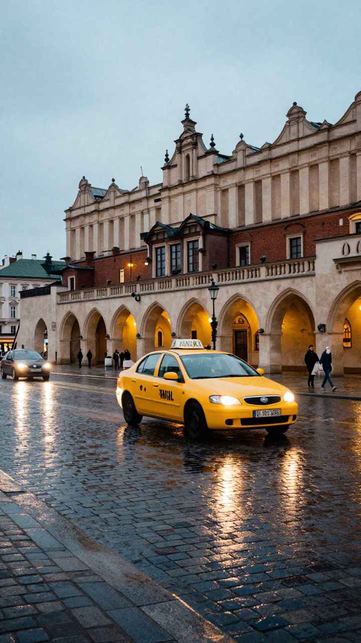 Krakow Old Town Cobblestone Street Scene with Yellow Taxi and Autumn Foliage in in Krakow, Poland