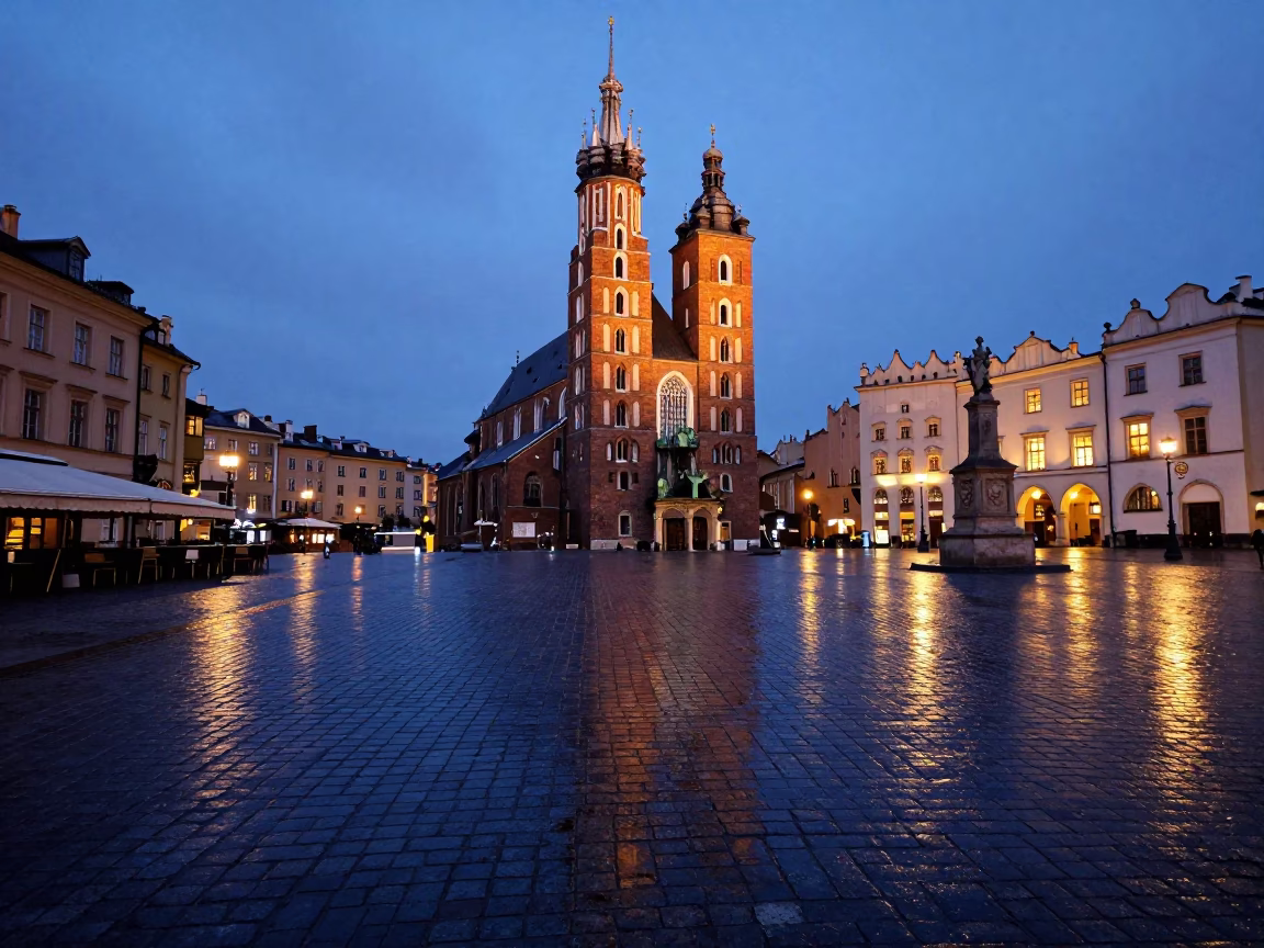 Krakow Old Town Cobblestones and Gothic Architecture in Indigo Twilight After Sunset in in Krakow, Poland