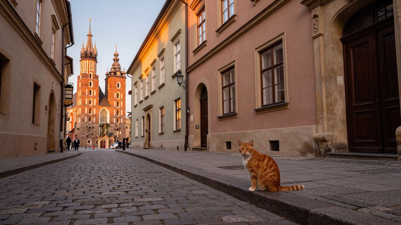 Krakow Old Town Evening Street Scene with Ginger Cat and Stone Architecture in in Krakow, Poland