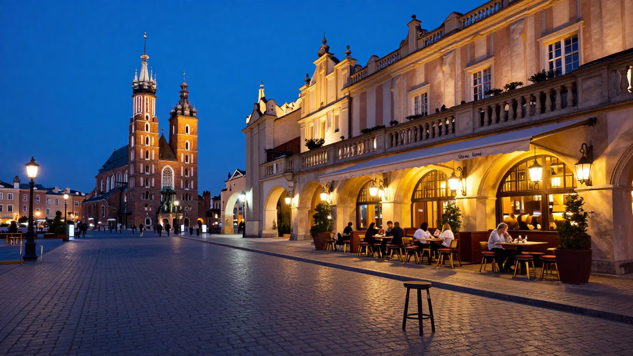 Krakow Old Town Evening Street Scene with Kitchen Stool and Succulents in Blue Hour in in Krakow, Poland