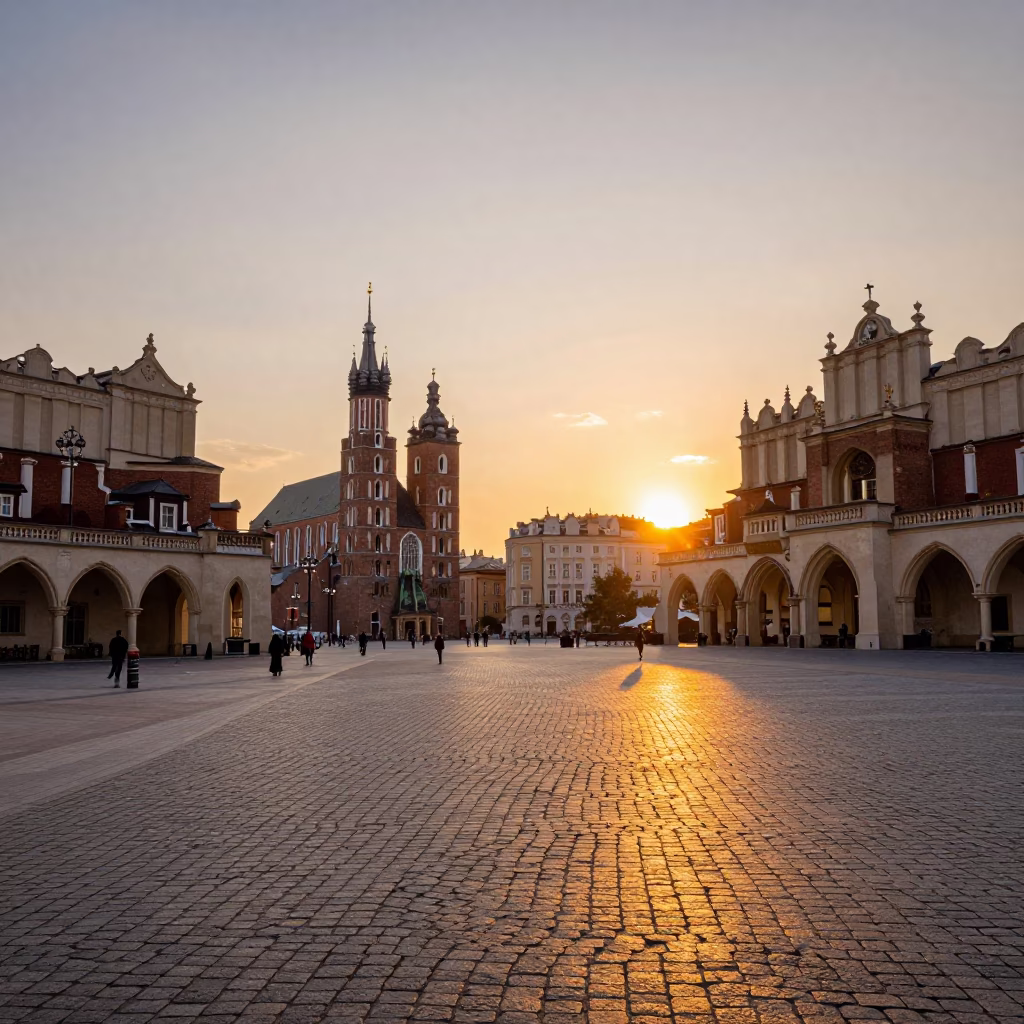 Krakow Old Town Main Market Square at As The Sun Drops Toward The Horizon in in Krakow, Poland