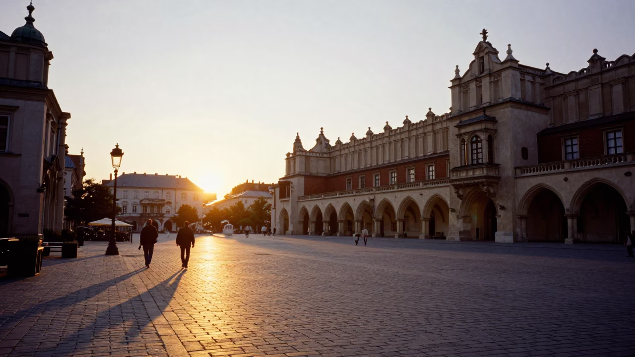 Krakow Old Town Market Square Evening Light with Street Musicians and Local Pedestrians in in Krakow, Poland