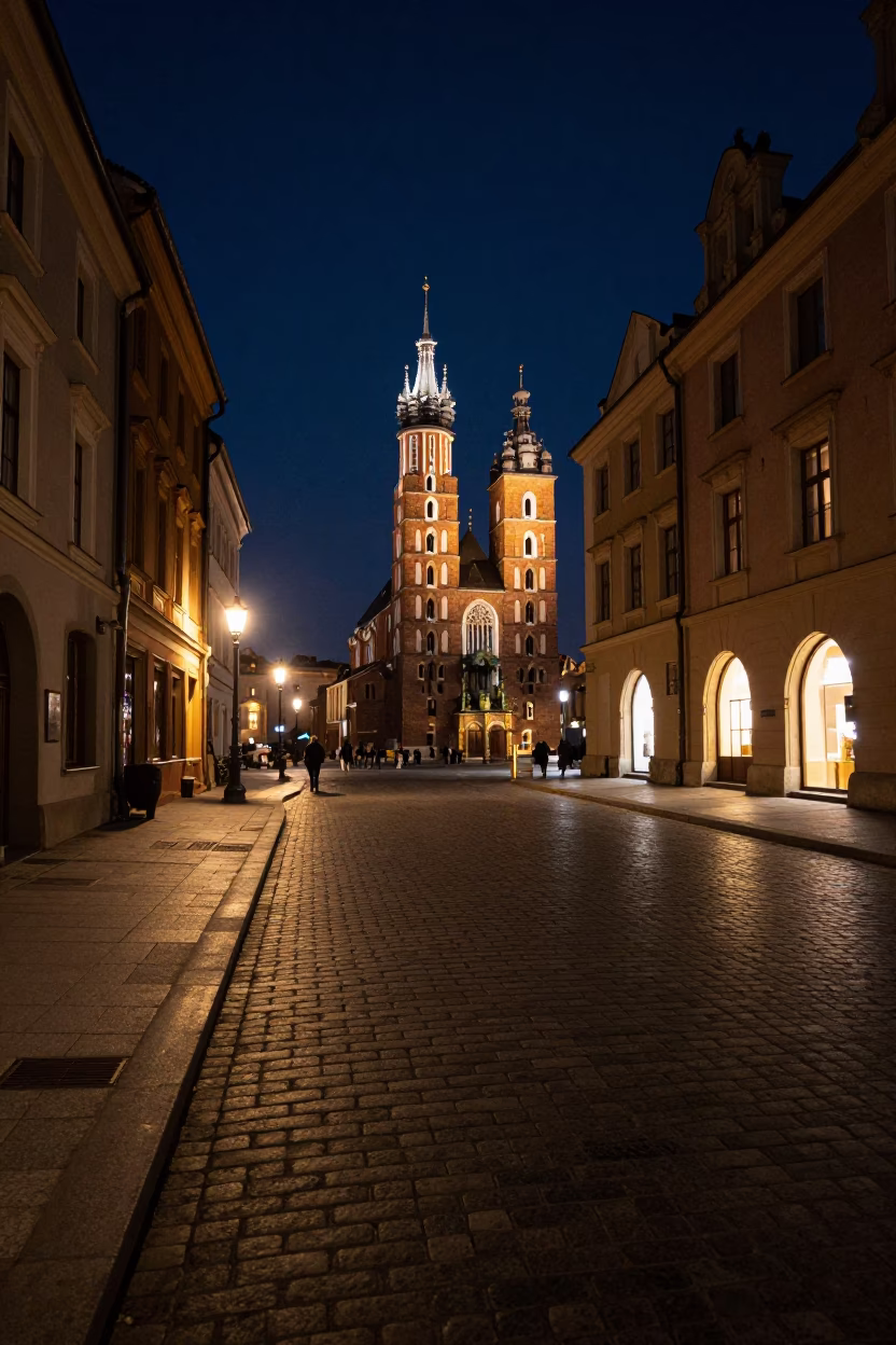 Krakow Old Town Night Street Scene with Cobblestones and Neon Signage in in Krakow, Poland