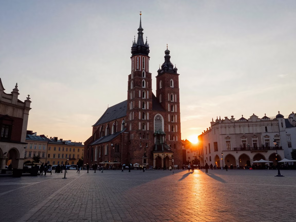 Krakow Old Town sunset view with St Mary's Basilica and historic stone architecture in in Krakow, Poland