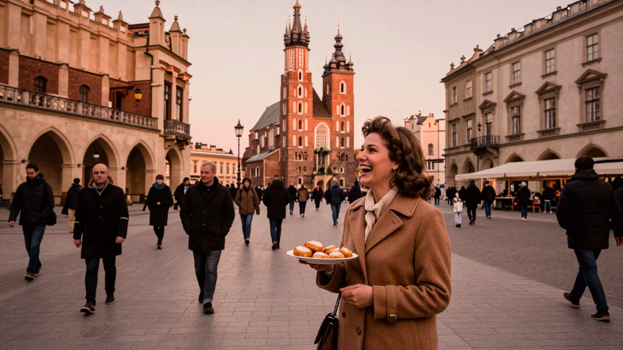 Krakow Poland Before Dusk Busy Street Scene with Local Interaction and Copper Light in in Krakow, Poland
