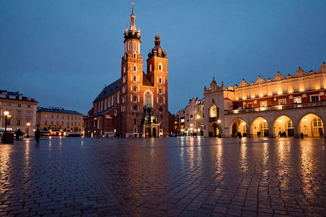 Krakow Poland before dusk copper light historic market square cobblestones and tram in in Krakow, Poland