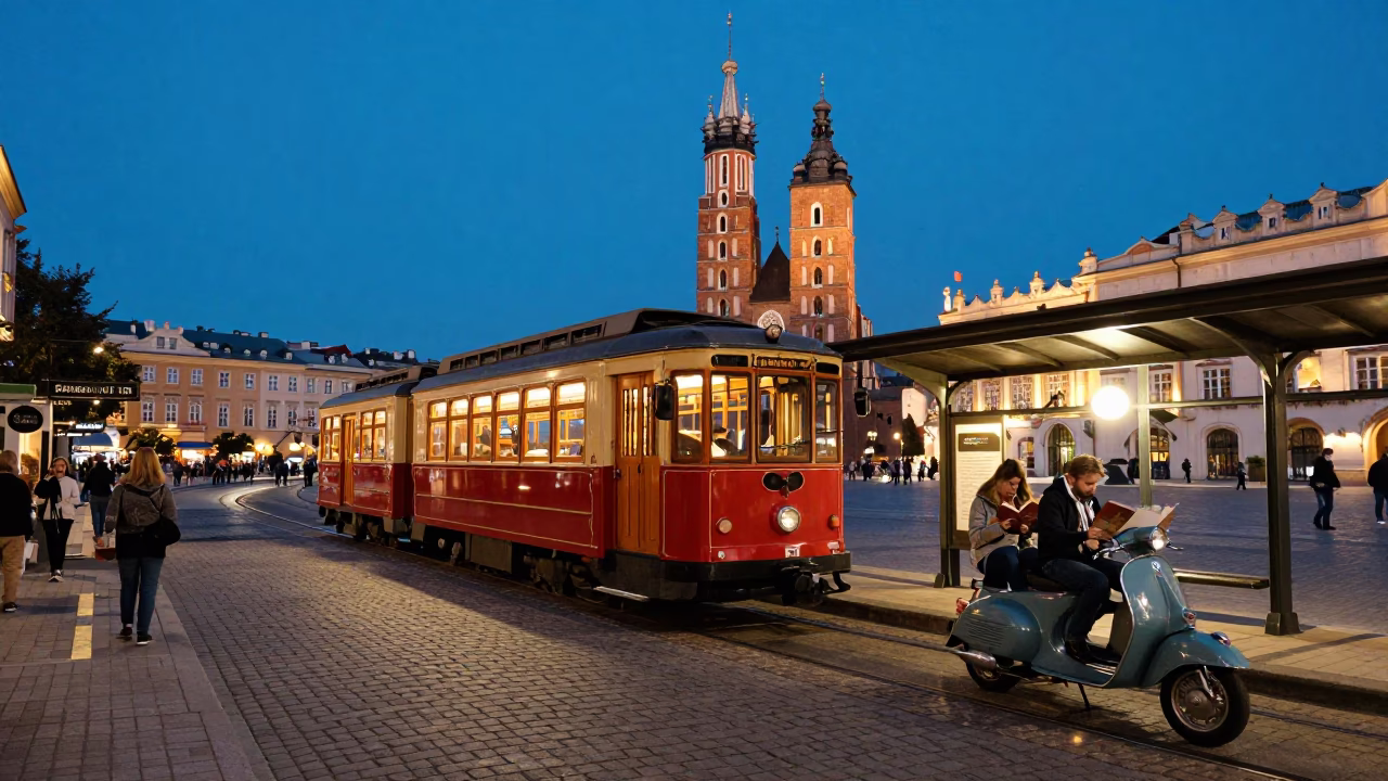 Krakow Poland Blue Hour Heritage Tram and Vintage Vespa on Cobblestone Street in in Krakow, Poland