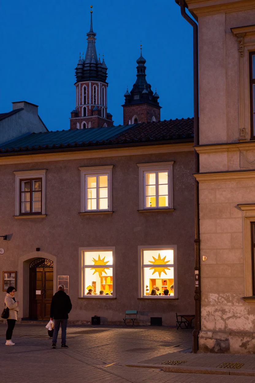 Krakow Poland Blue Hour Street Scene with Preschool Window Tissue Suns and City Lights in in Krakow, Poland