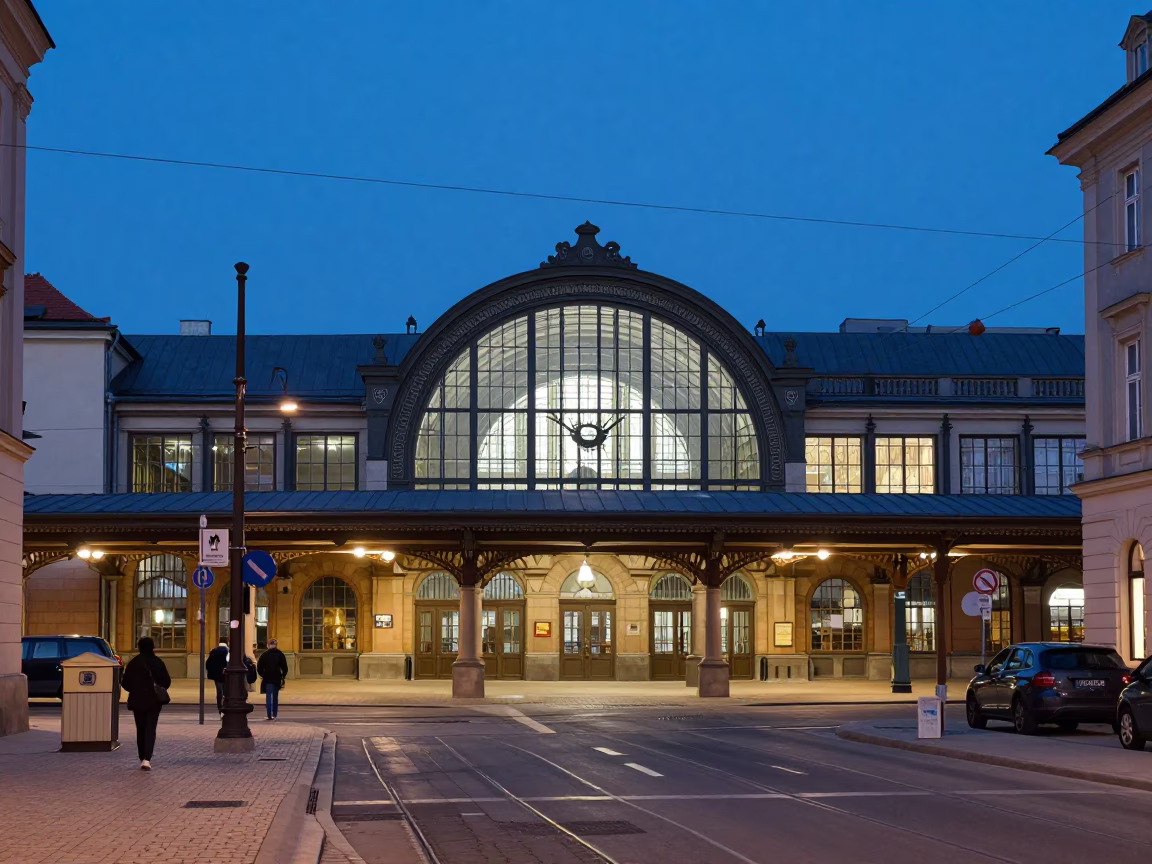 Krakow Poland Blue Hour Street Scene with Train Station Roof and Local Details in in Krakow, Poland