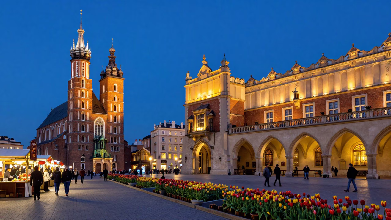 Krakow Poland Blue Hour Street Scene with Tulips and Market Activity in in Krakow, Poland