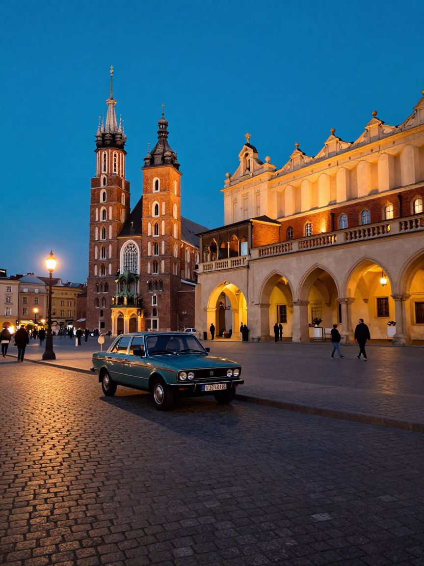 Krakow Poland Blue Hour Street Scene with Vintage 1980s Aesthetic and Local Architecture in in Krakow, Poland
