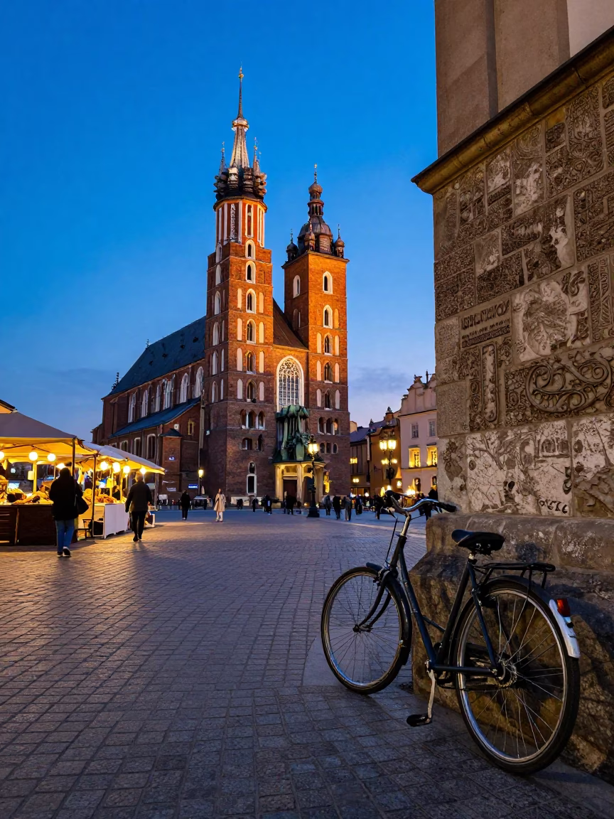 Krakow Poland Blue Hour Street Scene with Vintage Bicycle and Cobblestone Market Square in in Krakow, Poland