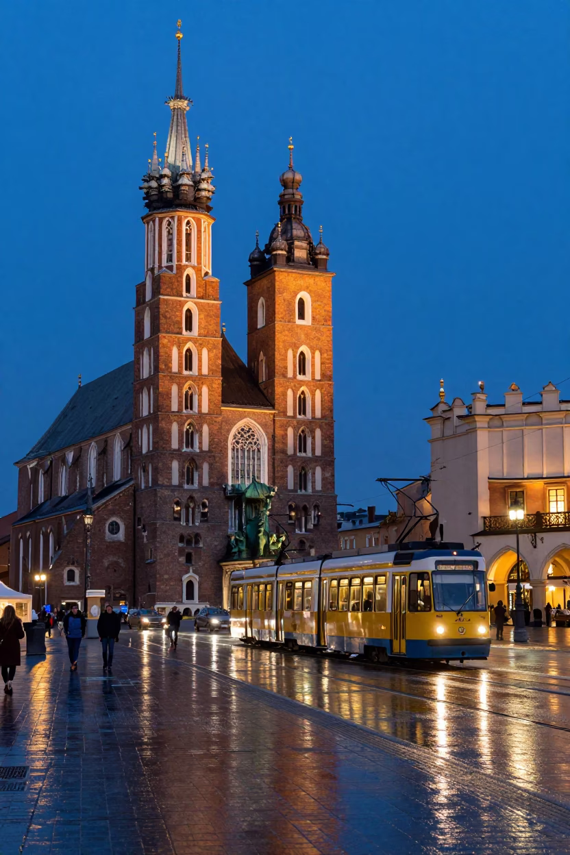 Krakow Poland Blue Hour Street Scene with Wet Pavement Reflections and Tram in in Krakow, Poland