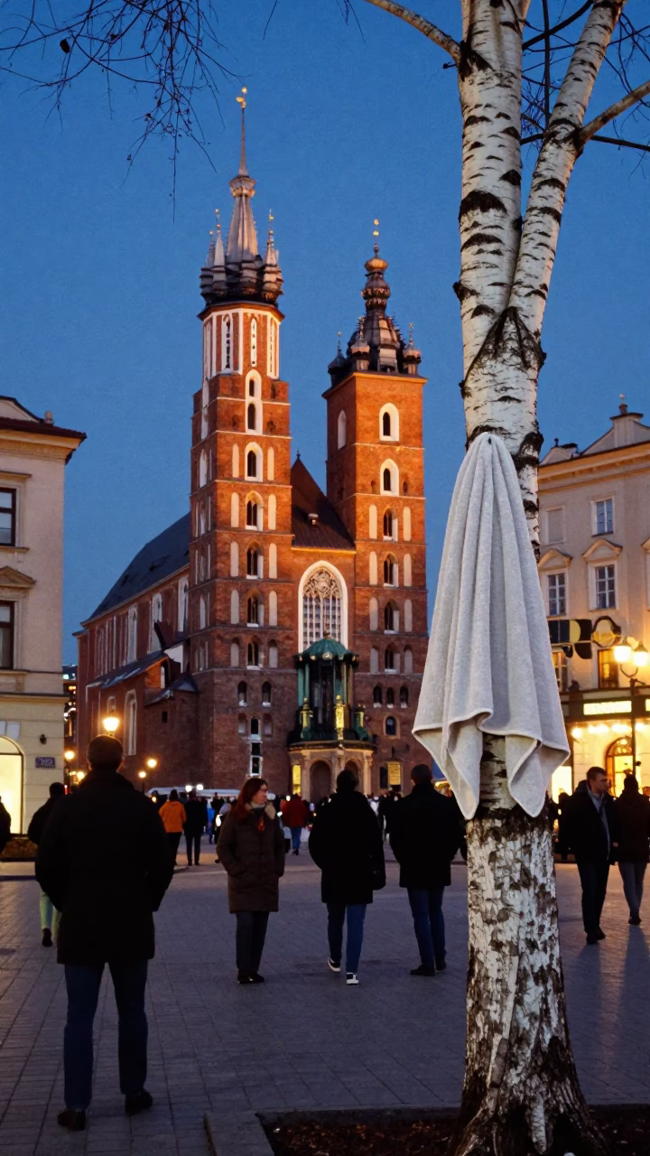 Krakow Poland Blue Hour Street Scene with White Birch and Towel Detail in in Krakow, Poland