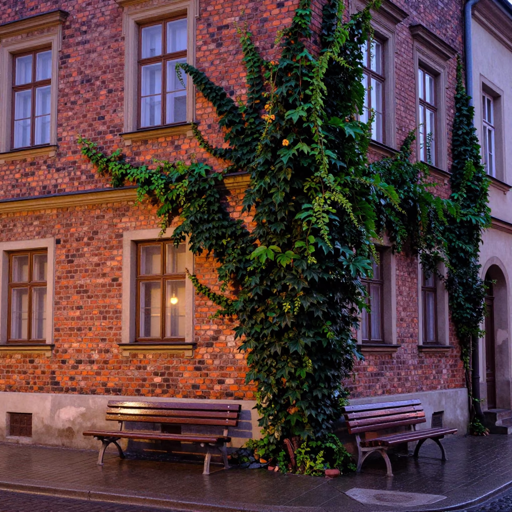 Krakow Poland Dawn Street Scene with Ivy Vines and Wet Bench Slats in in Krakow, Poland