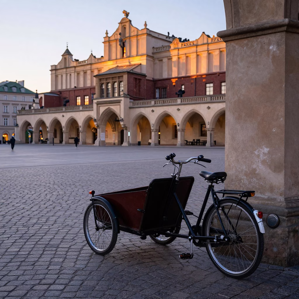 Krakow Poland Dawn Street Scene with Vintage Bicycle and Cobblestone Market Square in in Krakow, Poland