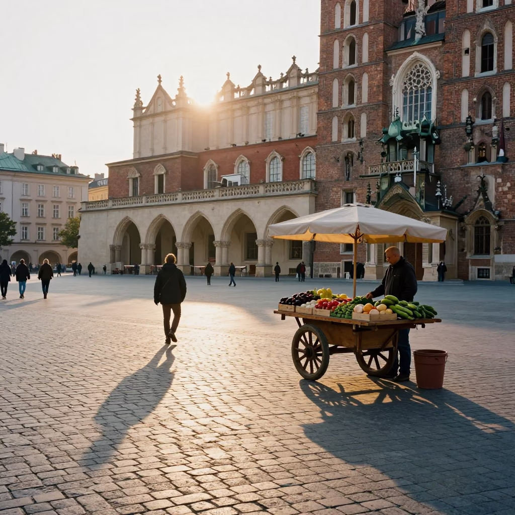 Krakow Poland Dawn Street Scene with Wicker Shadow and Pickle Jar in in Krakow, Poland
