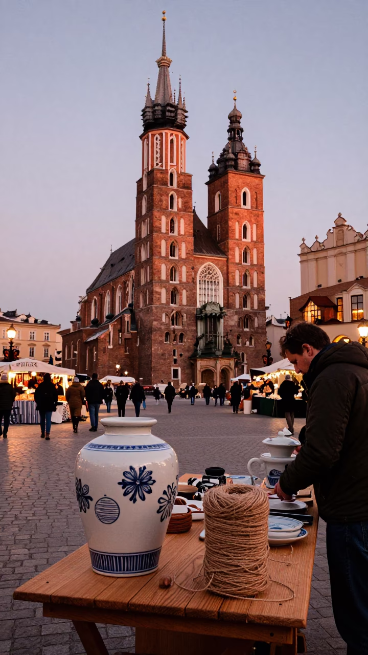 Krakow Poland Dusk Market Scene with Porcelain Jar and Twine Fibers in in Krakow, Poland