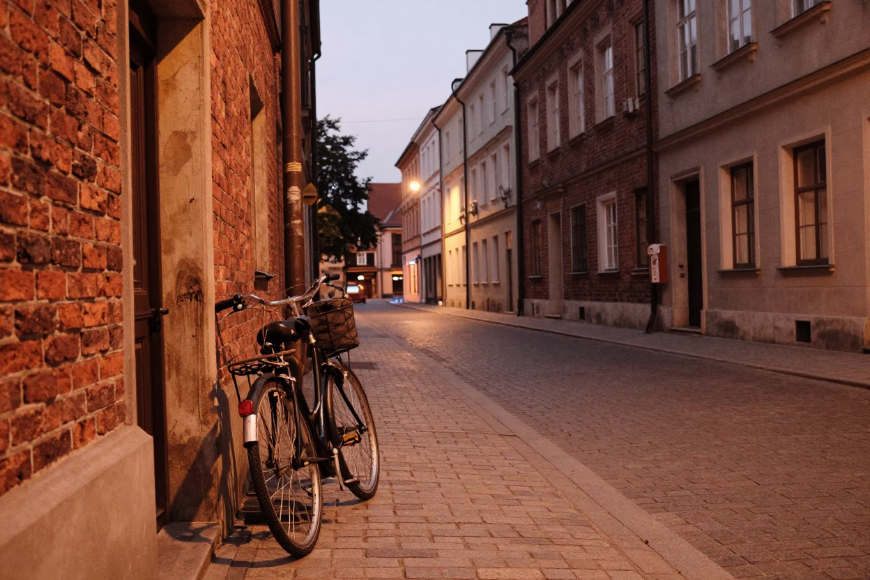 Krakow Poland Dusk Street Scene with Bicycle and Twine on Doorframe in in Krakow, Poland