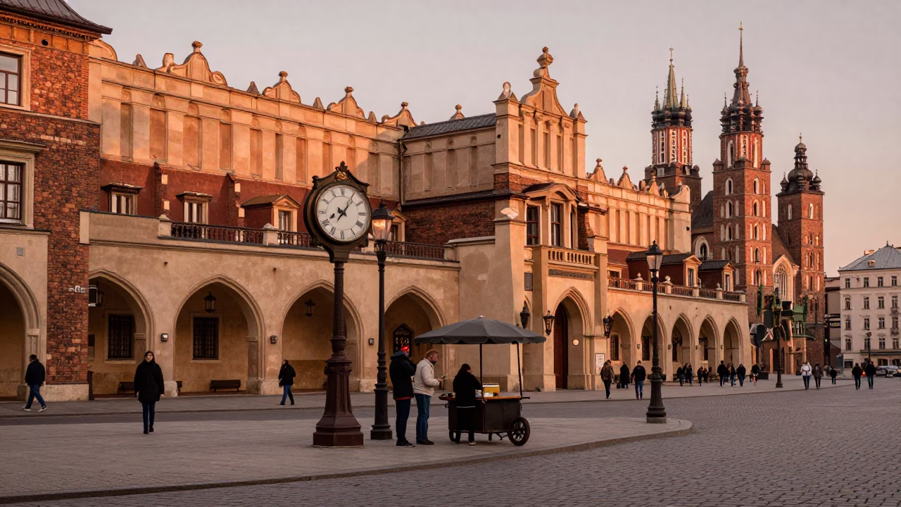 Krakow Poland Dusk Street Scene with Chess Clock and Substation Fence in in Krakow, Poland