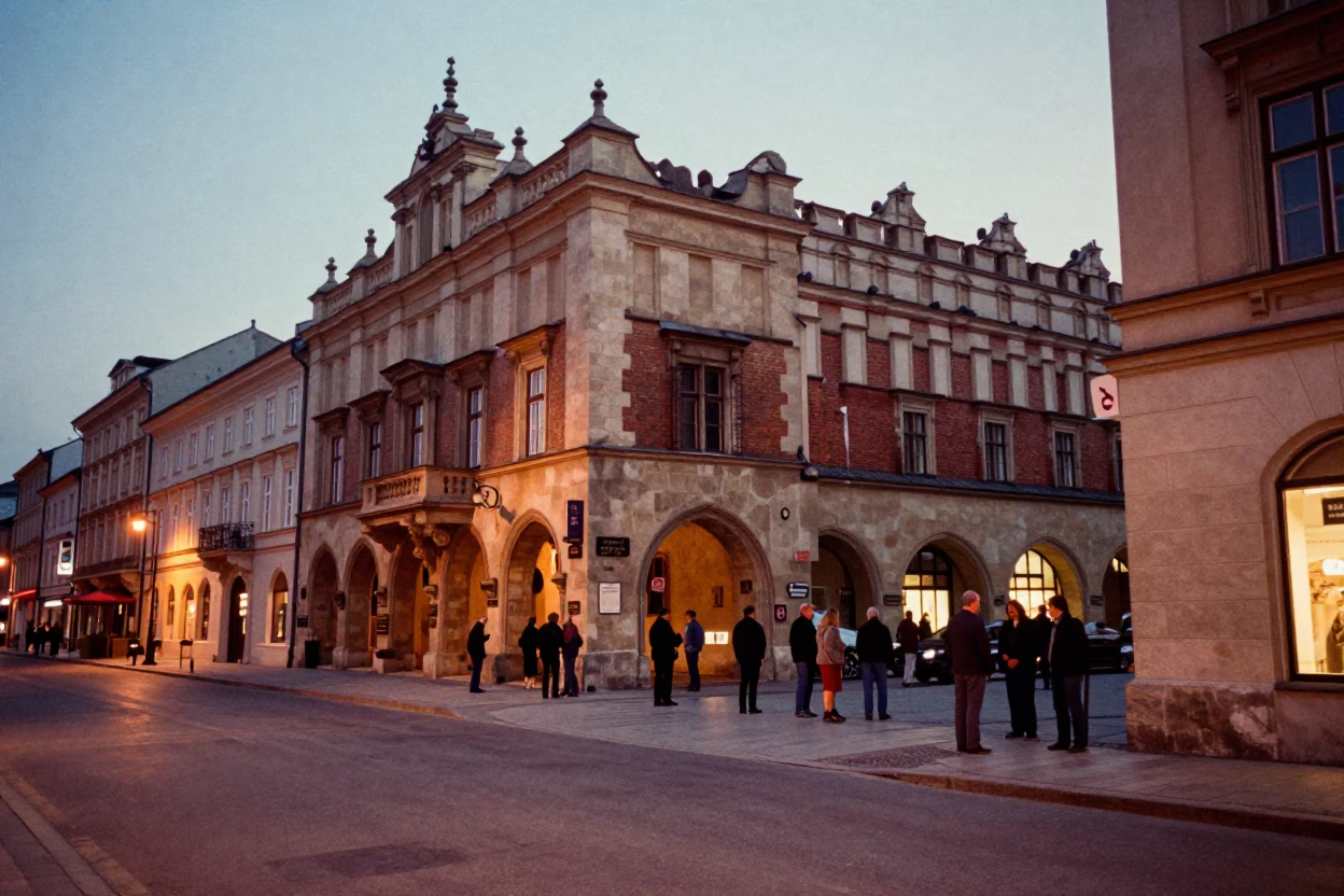 Krakow Poland Dusk Street Scene with Copper Light and Local Activity in in Krakow, Poland