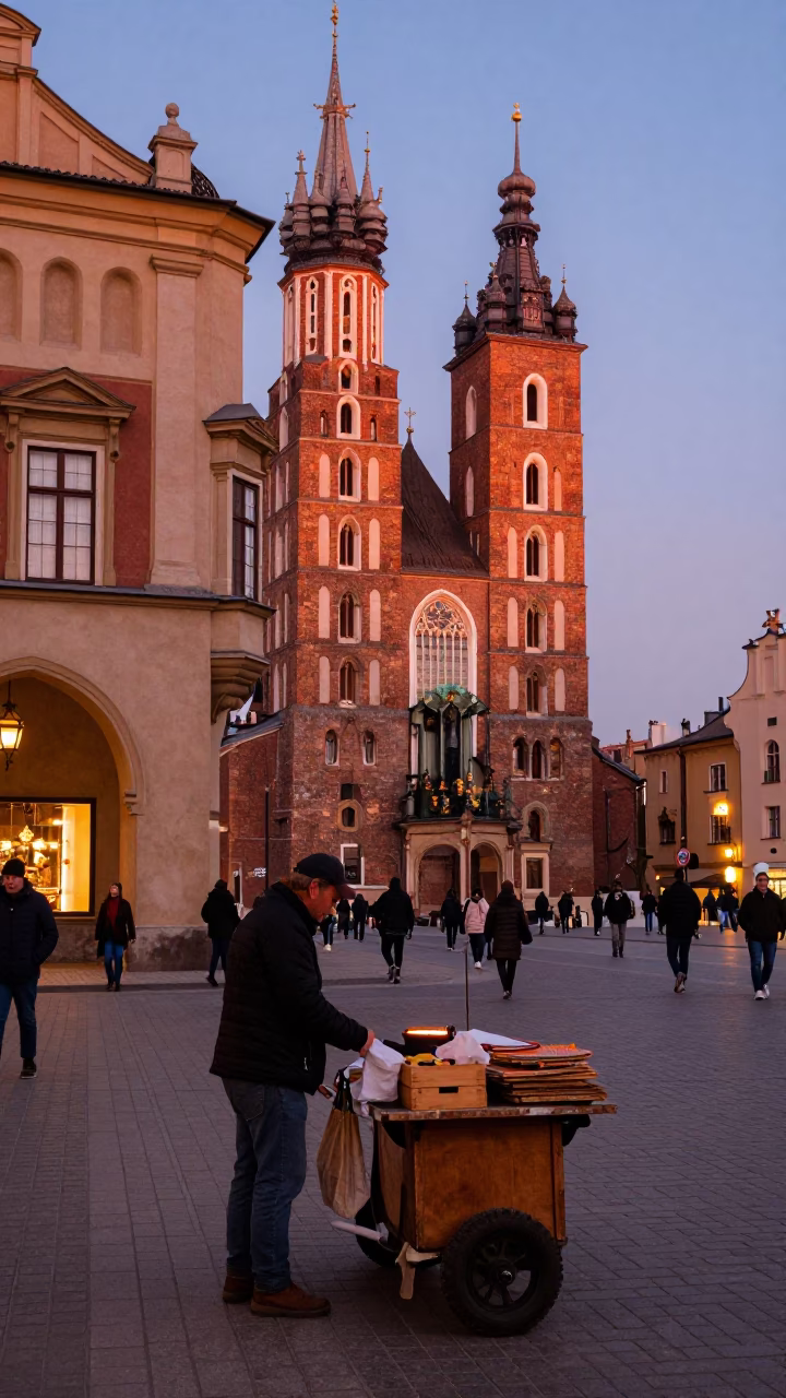 Krakow Poland Dusk Street Scene with Local Vendor and Urban Details in in Krakow, Poland