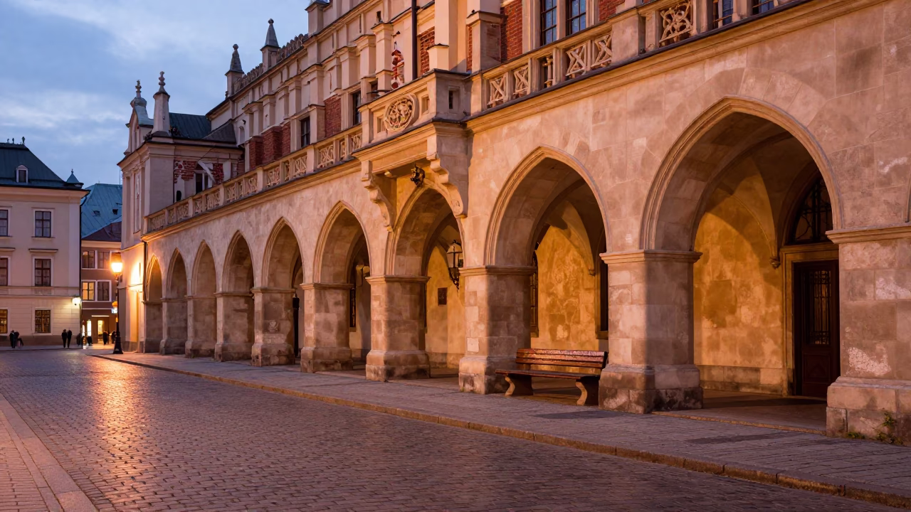Krakow Poland Dusk Street Scene with Stone Architecture and Urban Details in in Krakow, Poland