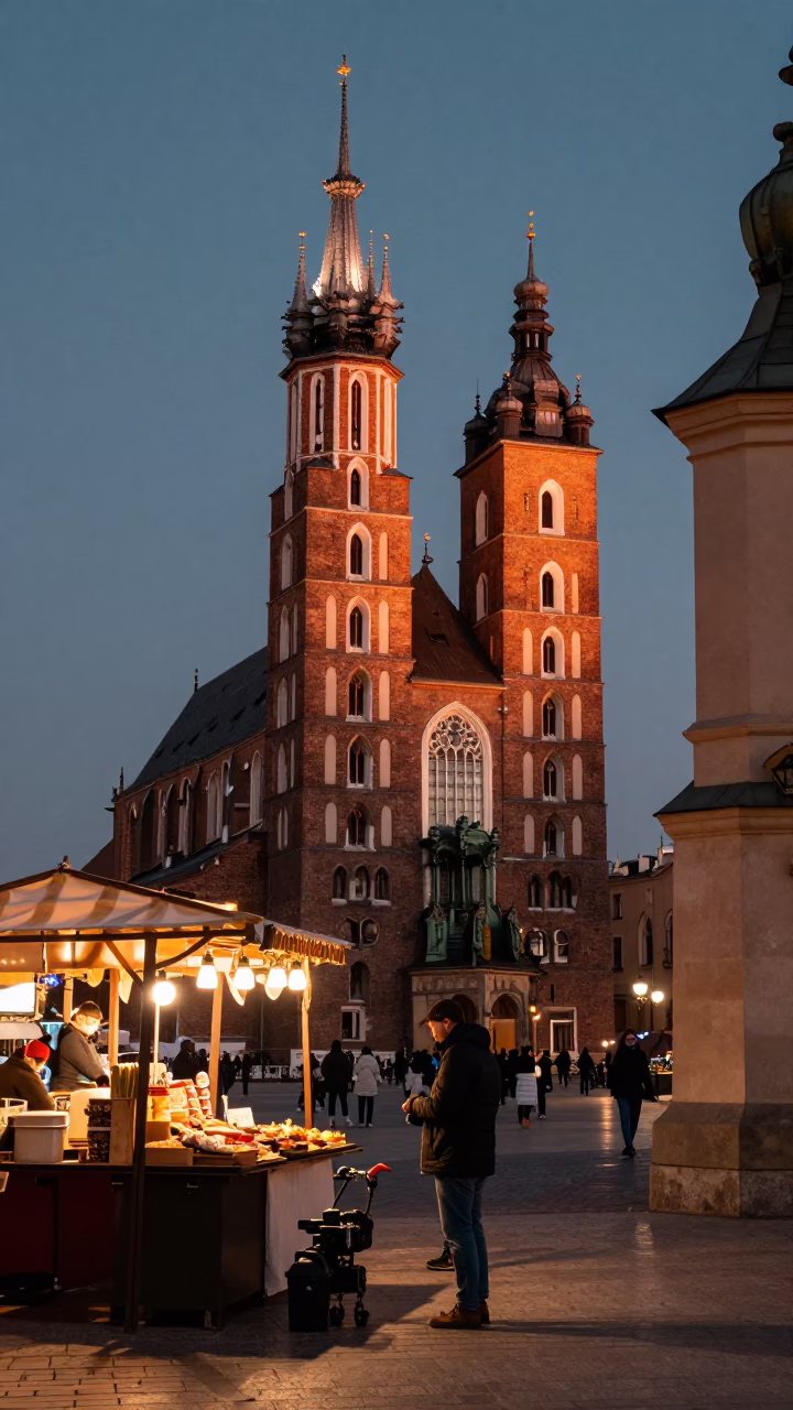 Krakow Poland Dusk Street Scene with Traditional Food and Local Details in in Krakow, Poland