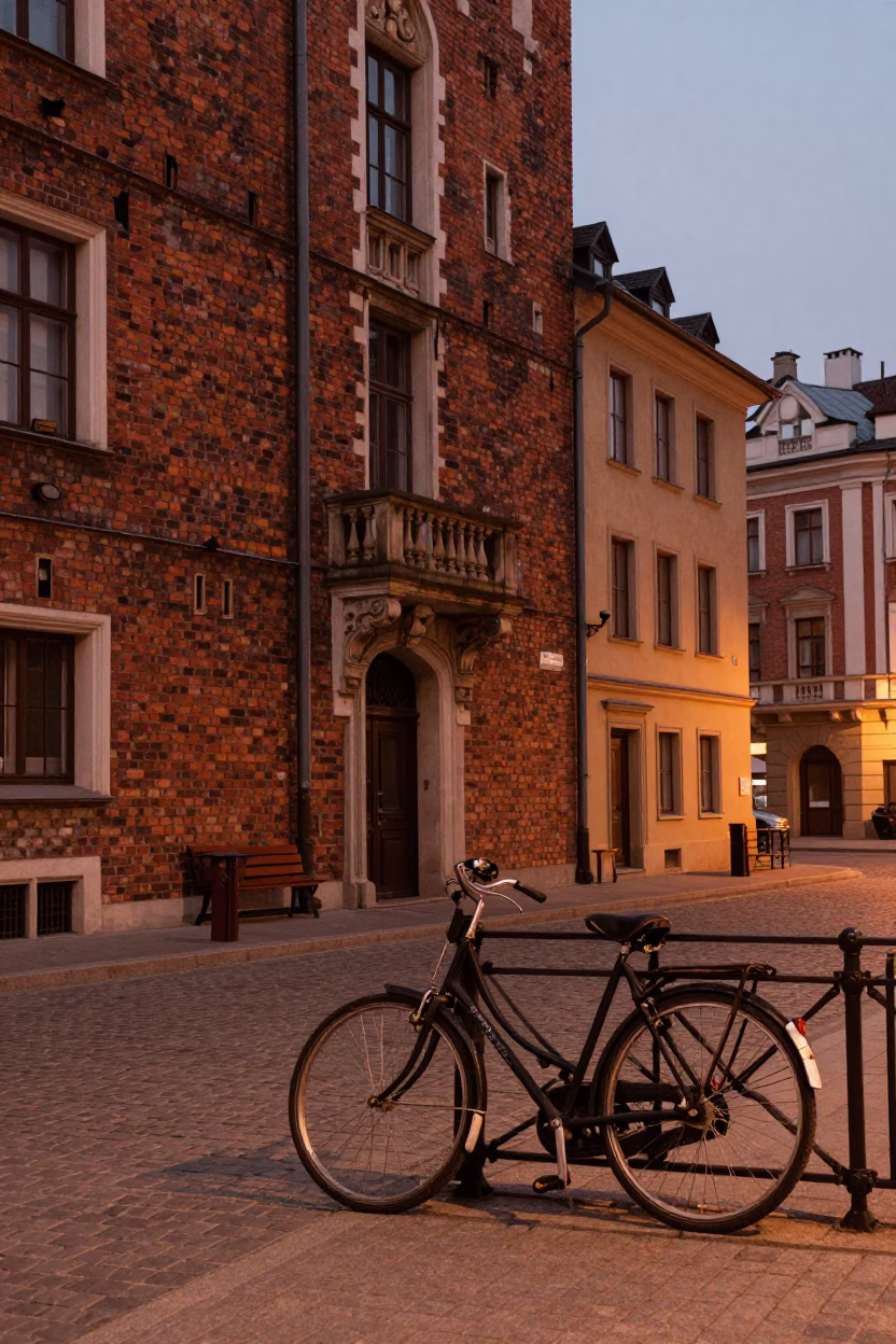 Krakow Poland Dusk Street Scene with Vintage Bicycle and Brick Architecture in in Krakow, Poland