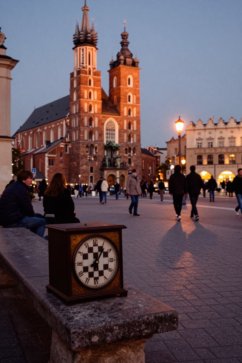 Krakow Poland Dusk Street Scene with Vintage Chess Clock and Signal Gantry in in Krakow, Poland