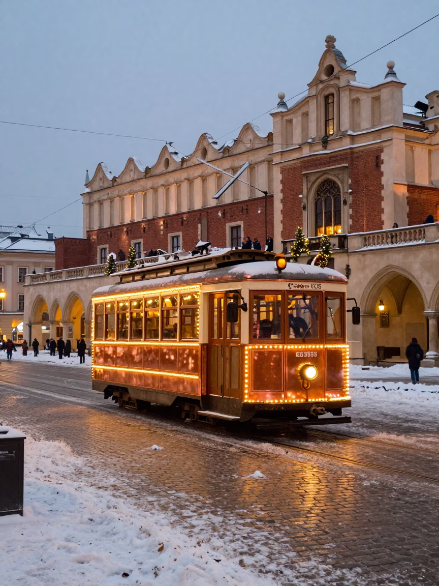 Krakow Poland Dusk Tramcar Christmas Lights Snowy Main Square Cobblestones in in Krakow, Poland