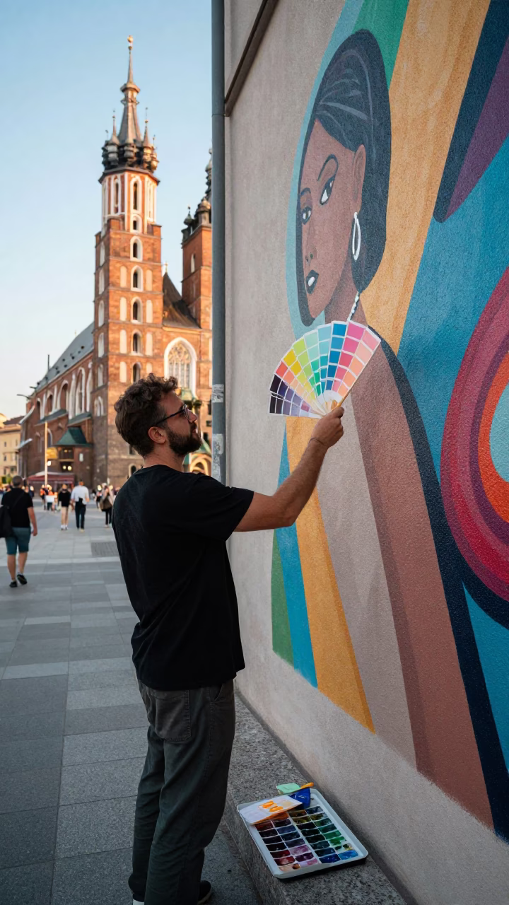 Krakow Poland Early Afternoon High Fashion Street Style Muralist Painting Sample Swatches in in Krakow, Poland