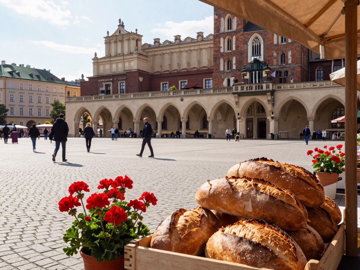 Krakow Poland Early Afternoon Market Scene with Geraniums and Fresh Bread Loaves in in Krakow, Poland