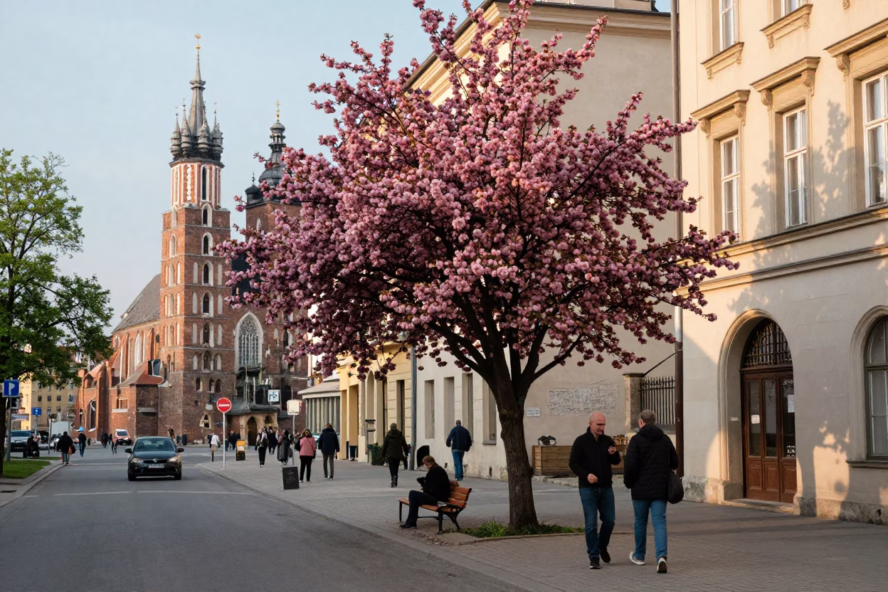 Krakow Poland Early Afternoon Street Scene with Dogwood Tree and Gothic Architecture in in Krakow, Poland