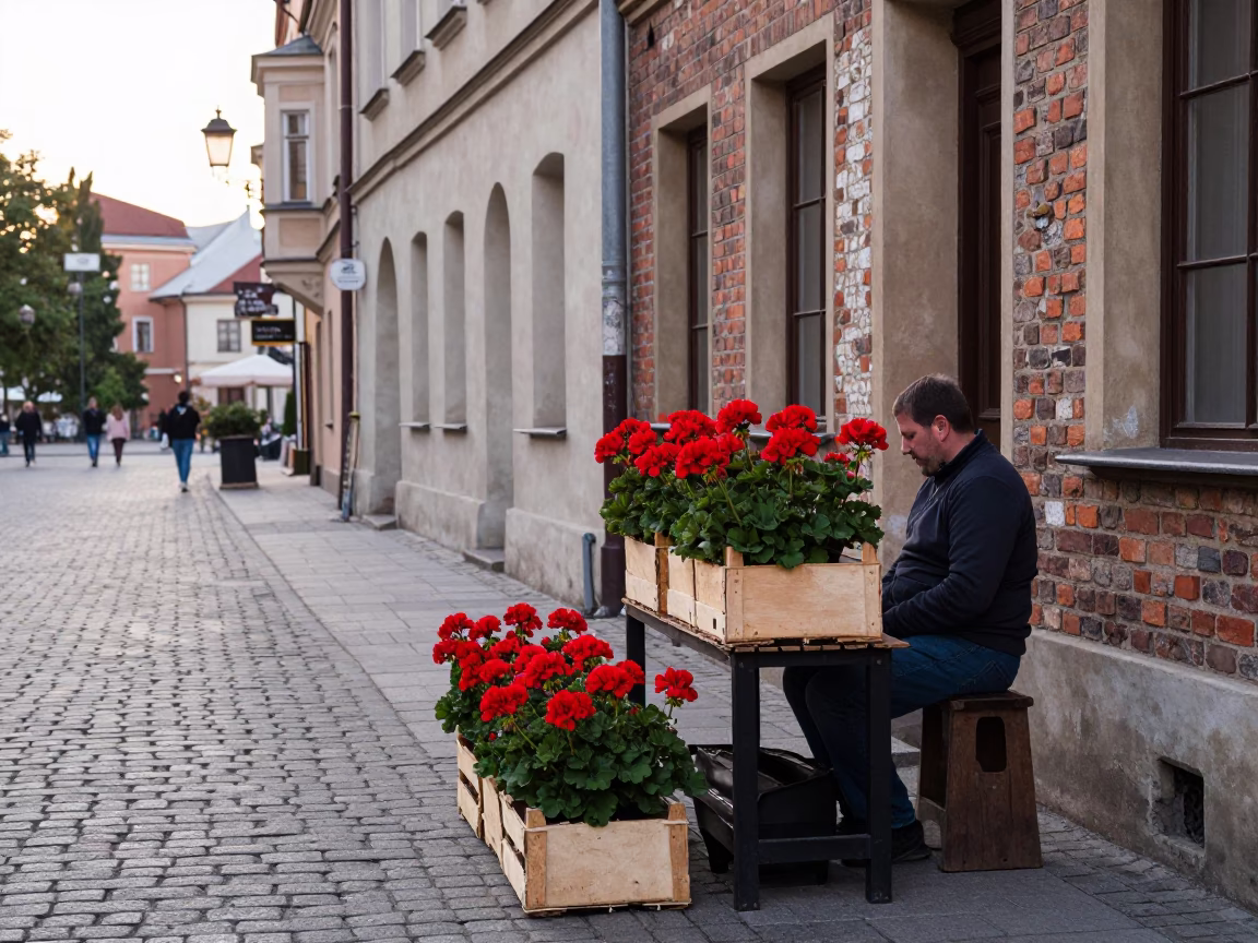 Krakow Poland Early Afternoon Street Scene with Flowering Geraniums and Local Market Activity in in Krakow, Poland