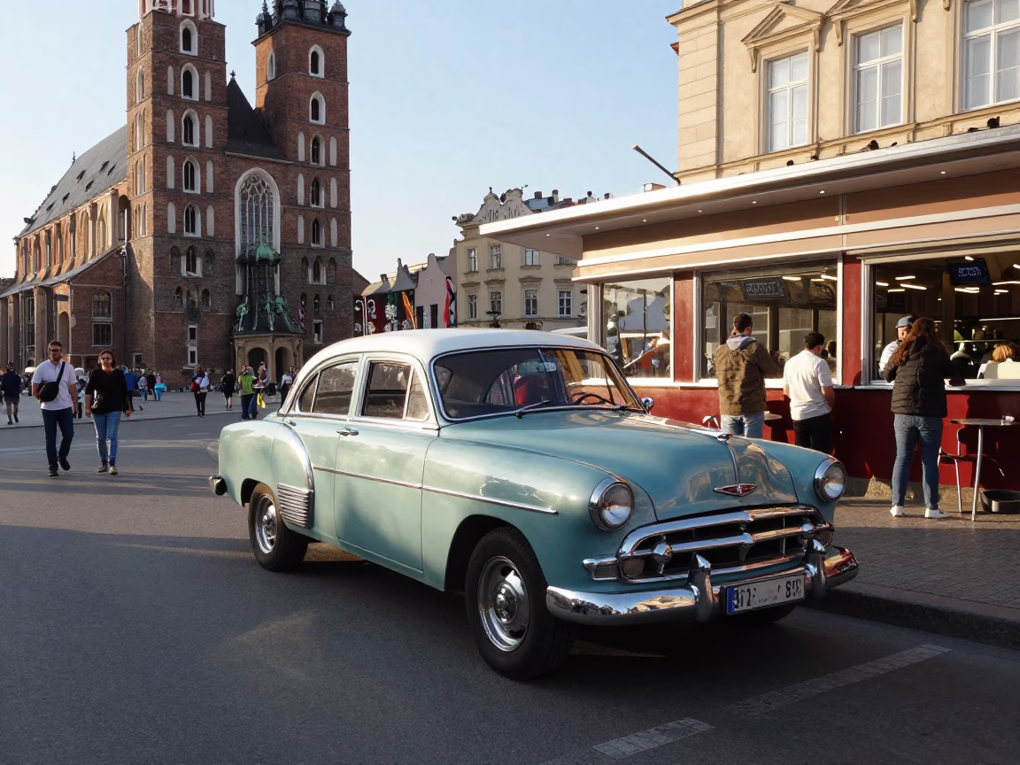 Krakow Poland Early Afternoon Street Scene with Vintage Car and Diner in in Krakow, Poland