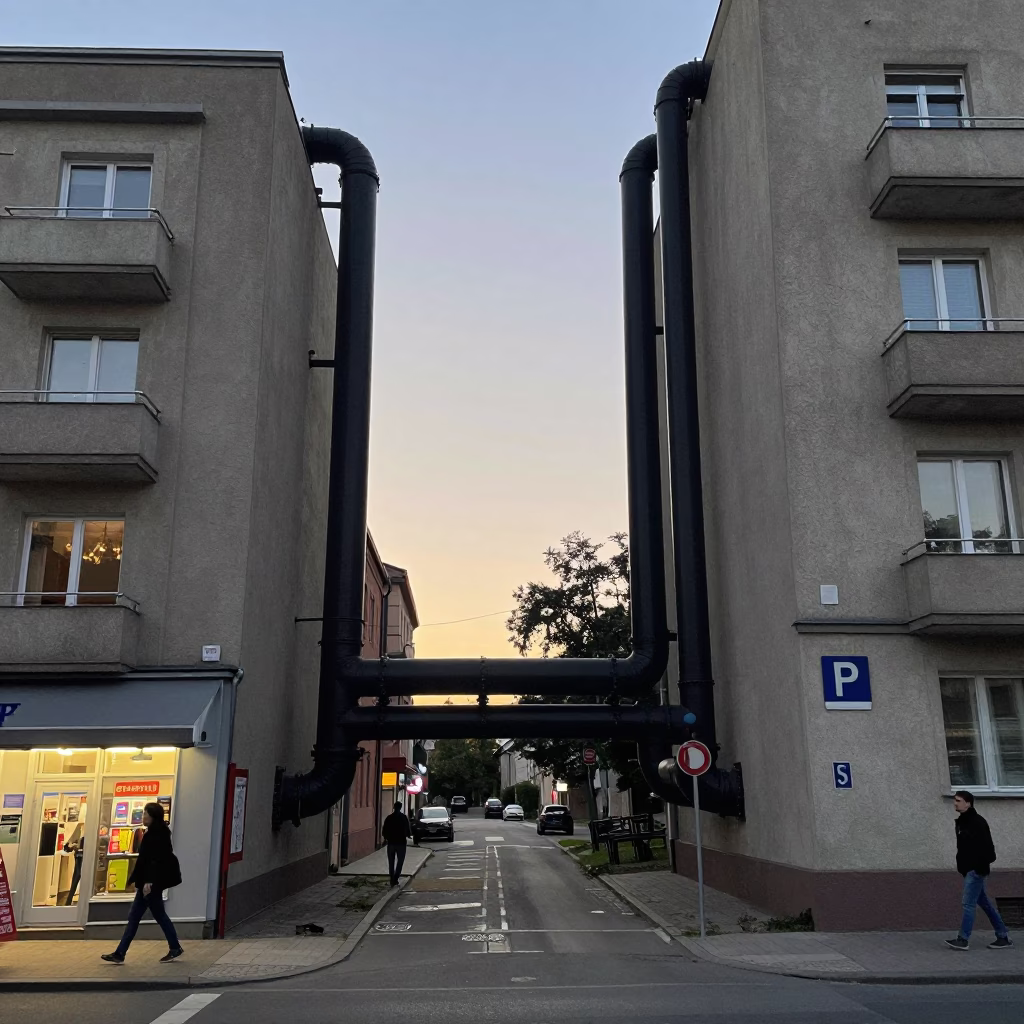 Krakow Poland Early Evening District Heating Pipes Between Concrete Apartment Blocks in in Krakow, Poland